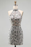 Sparkly Silver Open Back High Neck Beaded Tight Short Homecoming Dress