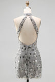Sparkly Silver Open Back High Neck Beaded Tight Short Homecoming Dress