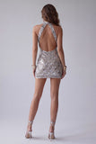 Sparkly Silver Open Back High Neck Beaded Tight Short Cocktail Dress