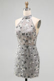 Sparkly Silver Open Back High Neck Beaded Tight Short Homecoming Dress