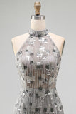 Sparkly Silver Open Back High Neck Beaded Tight Short Homecoming Dress
