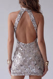 Sparkly Silver Open Back High Neck Beaded Tight Short Cocktail Dress