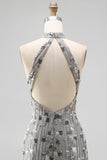 Sparkly Silver Open Back High Neck Beaded Tight Short Homecoming Dress