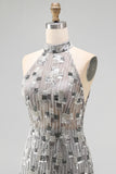 Sparkly Silver Open Back High Neck Beaded Tight Short Homecoming Dress