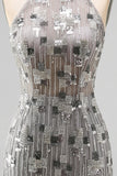 Sparkly Silver Open Back High Neck Beaded Tight Short Homecoming Dress