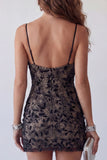 Black Spaghetti Straps Beaded Tight Short Cocktail Dress