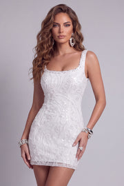Elegant Square Neck Sequin Floral Beaded Pearl Homecoming Dress