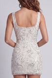Sparkly White Thick Straps Beaded Floral Tight Short Homecoming Dress