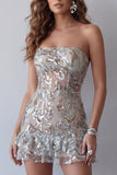 Sparkly Dusty Sage Strapless Beaded Tight Short Homecoming Dress with Ruffles