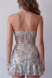 Sparkly Dusty Sage Strapless Beaded Tight Short Homecoming Dress with Ruffles