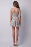Sparkly Grey Square Neck A Line Floral Beaded Short Homecoming Dress