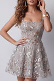 Sparkly Grey Square Neck A Line Floral Beaded Short Homecoming Dress