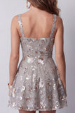 Sparkly Grey Square Neck A Line Floral Beaded Short Homecoming Dress