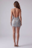 Sparkly Grey Blue Halter Beaded Backless Tight Short Homecoming Dress with Fringes