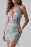 Sparkly Grey Blue Halter Beaded Backless Tight Short Homecoming Dress with Fringes