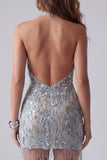 Sparkly Grey Blue Halter Beaded Backless Tight Short Homecoming Dress with Fringes