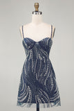 Sparkly Navy Spaghetti Straps Beaded Pearl Short Homecoming Dress with Sequins