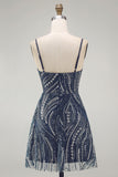 Sparkly Navy Spaghetti Straps Beaded Pearl Short Homecoming Dress with Sequins