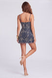 Sparkly Navy Thick Straps Beaded Short Cocktail Dress