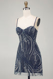 Sparkly Navy Spaghetti Straps Beaded Pearl Short Homecoming Dress with Sequins