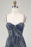 Sparkly Navy Pearl Spaghetti Straps Beaded Short Homecoming Dress with Sequins
