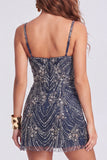 Sparkly Navy Thick Straps Beaded Short Cocktail Dress
