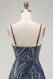 Sparkly Navy Pearl Spaghetti Straps Beaded Short Homecoming Dress with Sequins