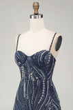 Sparkly Navy Pearl Spaghetti Straps Beaded Short Homecoming Dress with Sequins