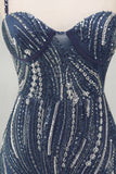 Sparkly Navy Pearl Spaghetti Straps Beaded Short Homecoming Dress with Sequins