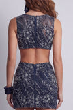 Sparkly Navy Boat Neck Cut Out Beaded Tight Short Homecoming Dress