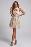 Sparkly Champagne Keyhole A Line Beaded Short Homecoming Dress with Bow