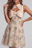 Sparkly Champagne Keyhole A Line Beaded Short Homecoming Dress with Bow