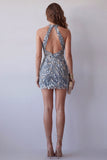 Sparkly Grey Blue Halter Tight Short Beaded Cocktail Dress