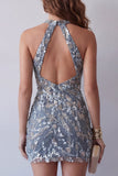 Sparkly Grey Blue Halter Tight Short Beaded Cocktail Dress