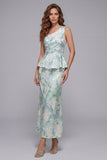 One Shoulder Light Green Floral Mermaid Formal Dress