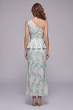 One Shoulder Light Green Floral Mermaid Formal Dress
