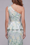 One Shoulder Light Green Floral Mermaid Formal Dress