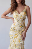 Light Yellow Floral Spaghetti Straps Mermaid Ruffled Formal Dress
