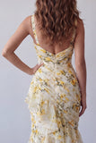 Light Yellow Floral Spaghetti Straps Mermaid Ruffled Formal Dress