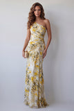 One Shoulder Light Yellow Floral Pleated Mermaid Formal Dress