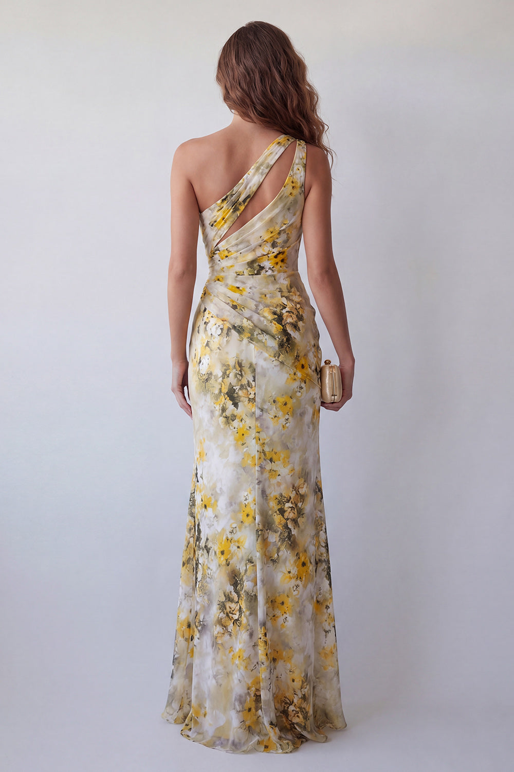 light yellow floral dress Zapaka Women One Shoulder Formal Dress Light Yellow Floral Pleated Mermaid Evening Dress – ZAPAKA