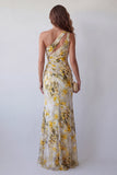 One Shoulder Light Yellow Floral Pleated Mermaid Formal Dress