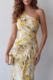 One Shoulder Light Yellow Floral Pleated Mermaid Formal Dress