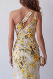 One Shoulder Light Yellow Floral Pleated Mermaid Formal Dress