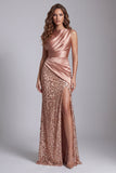 Sparkly Champagne Satin Mermaid Formal Dress with Slit