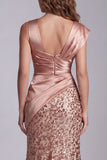 Sparkly Champagne Satin Mermaid Formal Dress with Slit