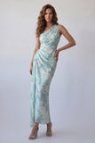 One Shoulder Light Green Floral Ruched Mermaid Formal Dress
