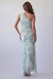 One Shoulder Light Green Floral Ruched Mermaid Formal Dress