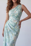 One Shoulder Light Green Floral Ruched Mermaid Formal Dress