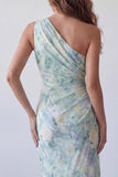 One Shoulder Light Green Floral Ruched Mermaid Formal Dress